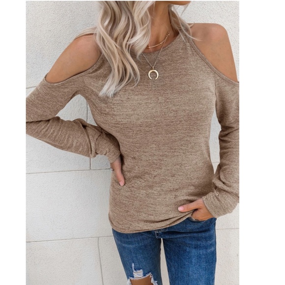 Marled Khaki Cold Shoulder Casual Long Sleeve Tee Shirt - Picture 5 of 7